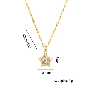 Star pendant necklace in titanium steel with clear cubic zirconia on flat embossed chain