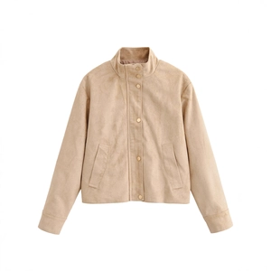 Women's stylish khaki faux suede jacket with stand collar and snap buttons in a flat lay