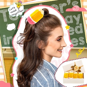 Cute pencil hair clips set in a gift box with a model wearing yellow hair accessories