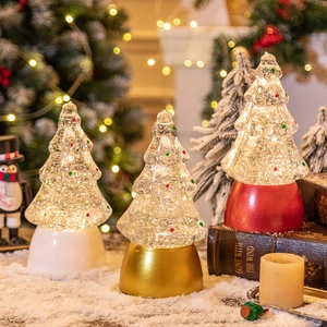 Christmas tree crystal snow globe music lamp with gold, white and red bases for holiday decor