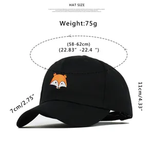 Detailed sizing guide showing dimensions for the embroidered fox baseball cap