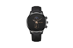 Detailed macro view of the black moon phase dial and rose gold hands on this men's quartz watch