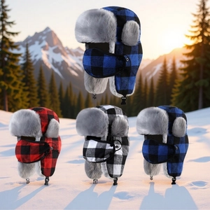 Winter Plaid Trapper Hat With Detachable Mask Faux Fur Lined Ear Flaps Windproof Bomber Hat For Men Women Cold Weather Skiing