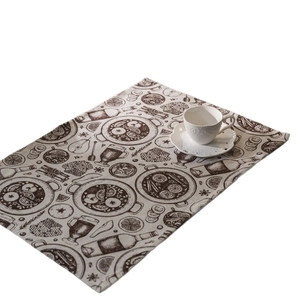 Retro rustic beige table mat with brown fruit illustrations and white coffee cup