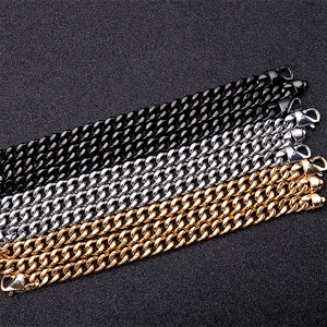Sleek Cuban link chains in gold, silver and black finishes with lobster clasps