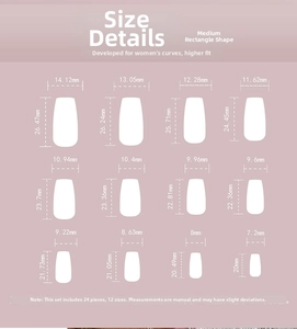Size guide for medium square press-on nails showing 12 different width and length dimensions