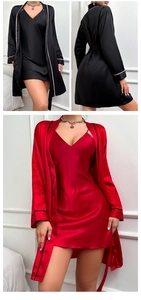 Detail of silk satin sleepwear set showing plunging V-neck nightgown and belted robe