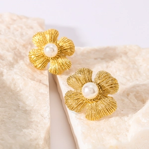 Asymmetrical Stainless Steel Flower Earrings With Artificial Pearl Inlay Textured Petals Vintage 18K Gold Plated Jewelry For Women