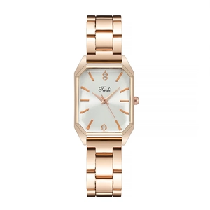Elegant rectangular rose gold women's watch with white dial and metal strap
