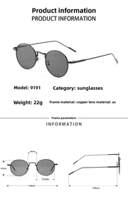 Detailed chart showing retro round metal sunglasses dimensions and technical specifications