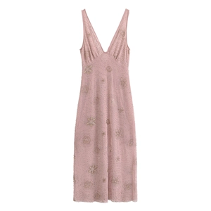 Pink deep V-neck midi dress with floral embroidery and sequins on white background