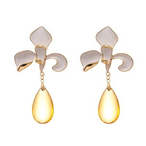 Vintage iris flower earrings with white petals and yellow water drop crystal pendants