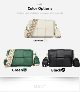Close-up of woven leather flap bags in beige, green, and black with jacquard straps