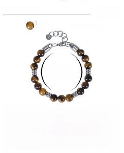 Close-up of 8mm tiger eye beads and stainless steel bracelet with detailed measurements