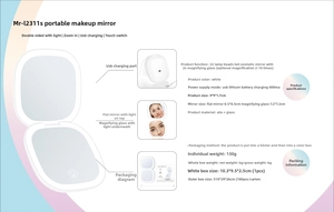 Detail view of foldable LED makeup mirror showing USB port and 2x magnification glass