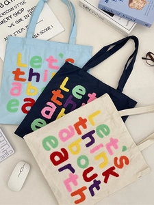 Canvas tote bag with colorful towel embroidery letters and long shoulder straps
