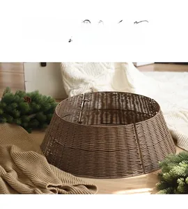Close-up of dark brown hand-woven Christmas tree collar with elegant wicker texture