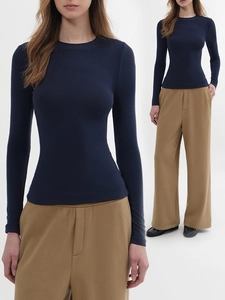 Women Long Sleeve T-Shirt Tight Fit Round Neck Ribbed Knit Viscose Spandex Modal Slimming Padded Shoulder Top Solid