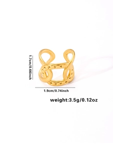 Detailed size specifications of hollow wide gold ring with dot pattern and adjustable band