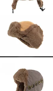 Dettaglio del cappello Ushanka con folta pelliccia sintetica e bottoni in metallo incisi