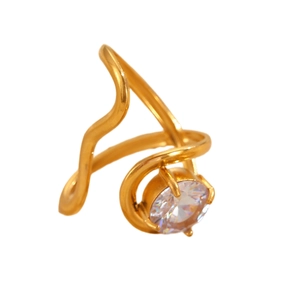 Detail of a wavy gold-plated ring with a large round zircon stone on a white background