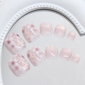 Pink glitter flower press-on toe nails with soft gradient mist and floral 3D art design