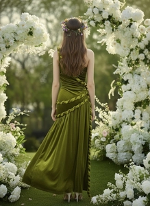Detail of olive green velvet dress featuring an intricate thick braided rope waist design
