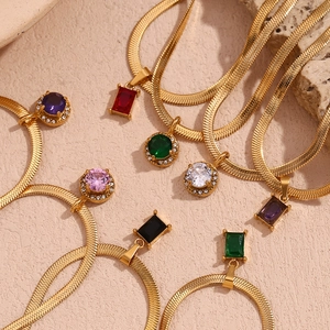 Elegant Pendant Necklace 18K Gold Plated Stainless Steel Flat Snake Herringbone Chain With Green Round Zircon For Women