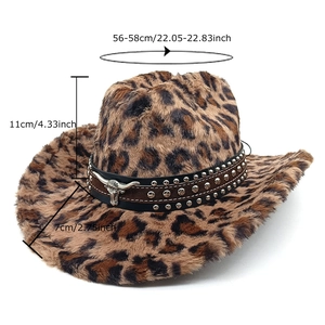 Winter leopard print cowboy hat with silver bull head detail and studded band decoration