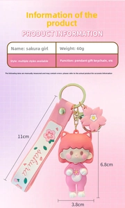Detailed size specifications for the pink Sakura girl keychain with a soft rubber wrist strap