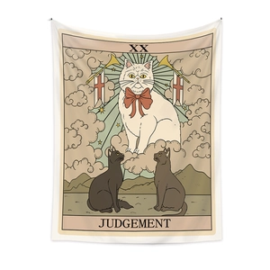 Detail showing high-quality bohemian tarot tapestry with cat judgement card print