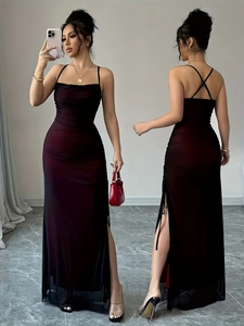 Damen Netz-Trägerkleid mit Farbverlauf, seitlichem Kordelzug und hohem Beinschlitz