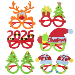 Detailed assortment of six festive felt Christmas party glasses including 2026 and reindeer themes