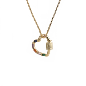 Golden box chain necklace featuring a multi-color gemstone heart-shaped carabiner pendant
