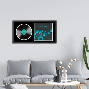 Modern black rectangle vinyl record display frame with custom musical instrument artwork