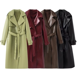 Detailed color selection of long faux leather trench coats in green, red, brown, and black