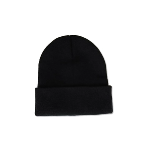 Detailed view of the black rib-knit beanie with a wide fold-over cuff for winter