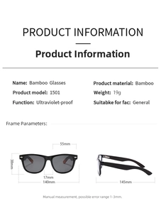 Detailed technical size chart for wood polarized sunglasses with frame and lens measurements