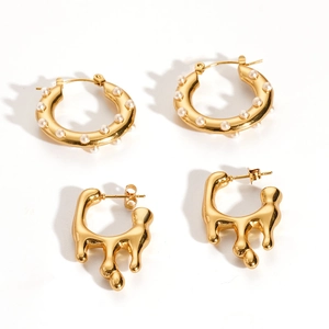 18K gold plated titanium steel hoop earrings with pearls and liquid metal design