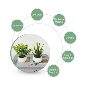 Artificial succulent and green plants in white textured pots for office desk decor