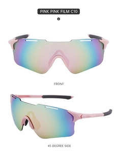 Macro view of C10 pink frames and rainbow coated lenses on professional sports sunglasses