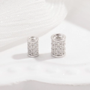S925 sterling silver cylinder beads with three rows of pavé cubic zirconia inlay
