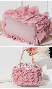 Detail of pink ruffled satin bucket bag with floral layers and drawstring closure