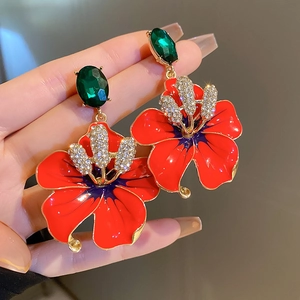 Red Enamel Flower Dangle Earrings With Green Faux Gemstone Rhinestones And Silver Earring Post Vintage Floral For Women