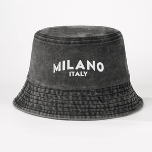 Vintage washed dark grey cotton bucket hat with MILANO ITALY 3D embroidery on front