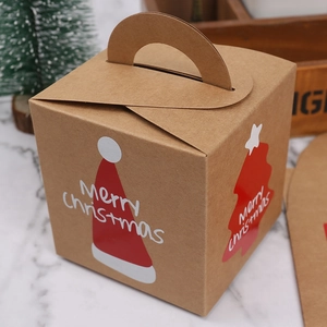 Foldable kraft paper Christmas gift box with handle and festive Merry Christmas prints