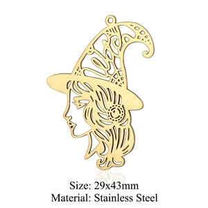Golden stainless steel witch silhouette pendant for necklaces sized 29x43mm on white background