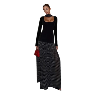 Square neck long sleeve top paired with polka dot A-line skirt two-piece dress set