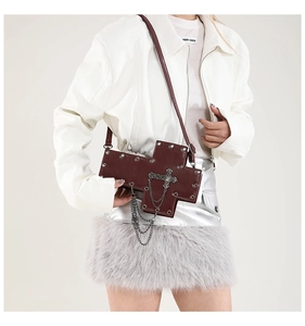 Gothic dark red cross-shaped crossbody bag with silver studs and multi-layer metal chains