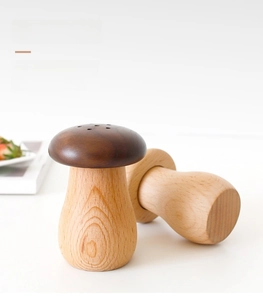 Detail of natural wood mushroom toothpick holder with unpainted walnut and beech texture